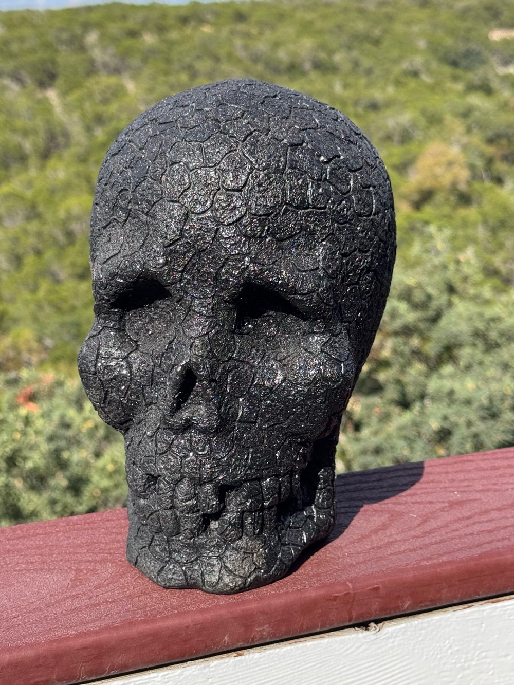 Gothic Black Cracked Sparkling Skull Sculpture